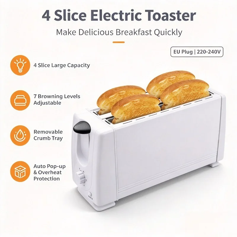 200W 4 Slice Electric Toaster, Household Bread Toaster, Multi-speed Browning Control, Automatic Pop-up Bread Maker for Breakfast