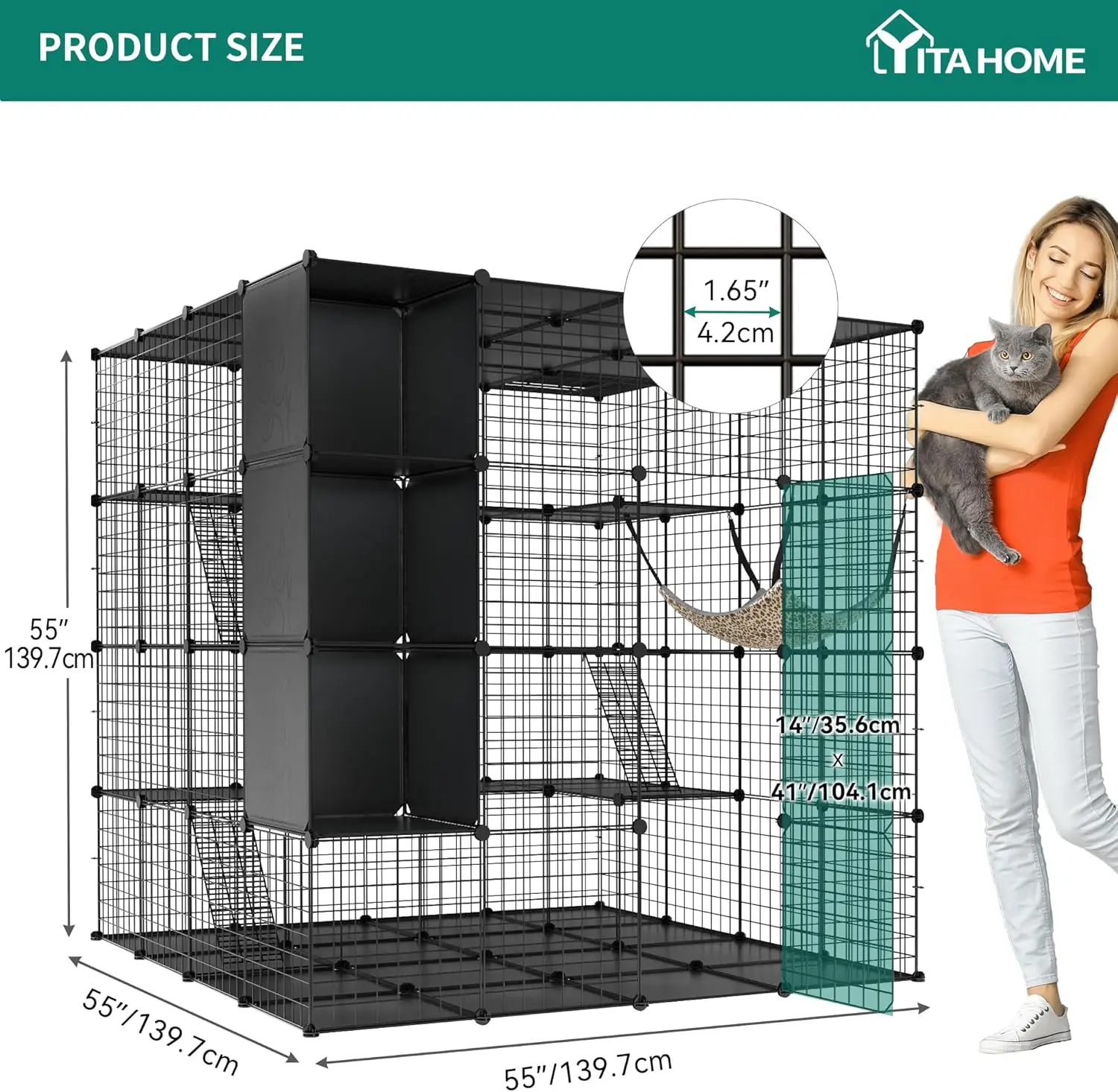 4 Tiers Large Cat Enclosure with DIY Storage Cube, Indoor Catio Playpen with Hammock for 1-4 Cats, Ideal for Home and Travel