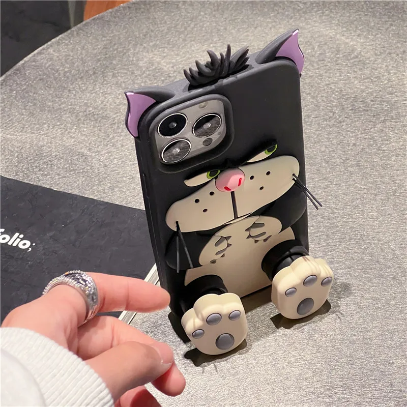 Lucifer Cat Disney Cinderella Stretching feet Cover For iPhone 11 12 13 14 15 Pro Max Cute Cartoon Variable length bracket Case