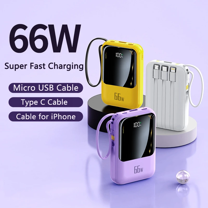 

20000mAh Mini Power Bank 66W Fast Charging Powerbank for iPhone 15 Samsung Xiaomi Portable Charger Built in Cable Spare Battery