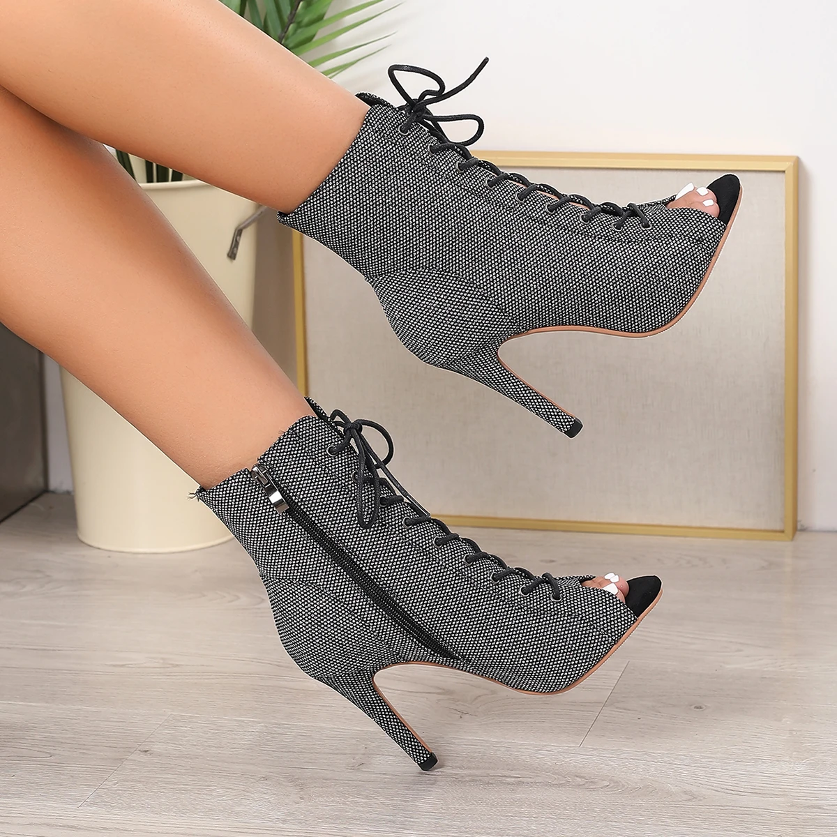 Women Black High Heels  Lace-up Boot Stilettos Jazz Dance Woman Shoes Latin Dancing Outdoor Sexy Stilettos Booties Big Size