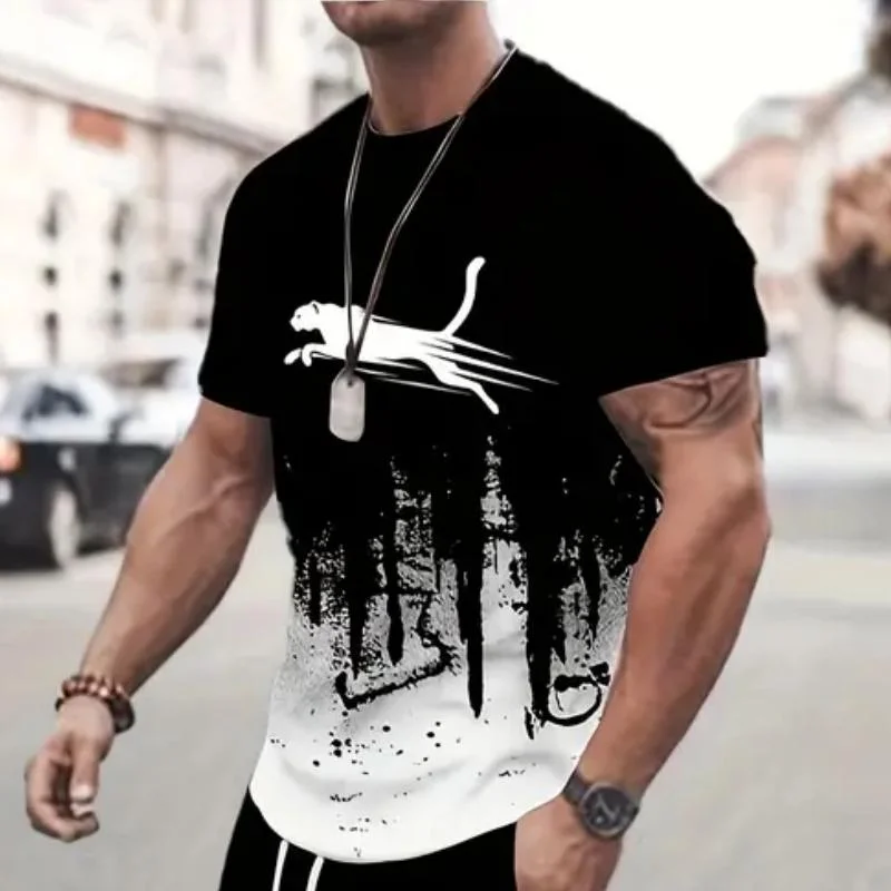 Men Black White Splash Ink Gradient Crew Neck T-Shirt,  Summer Streetwear Casual Daily Tees For Male