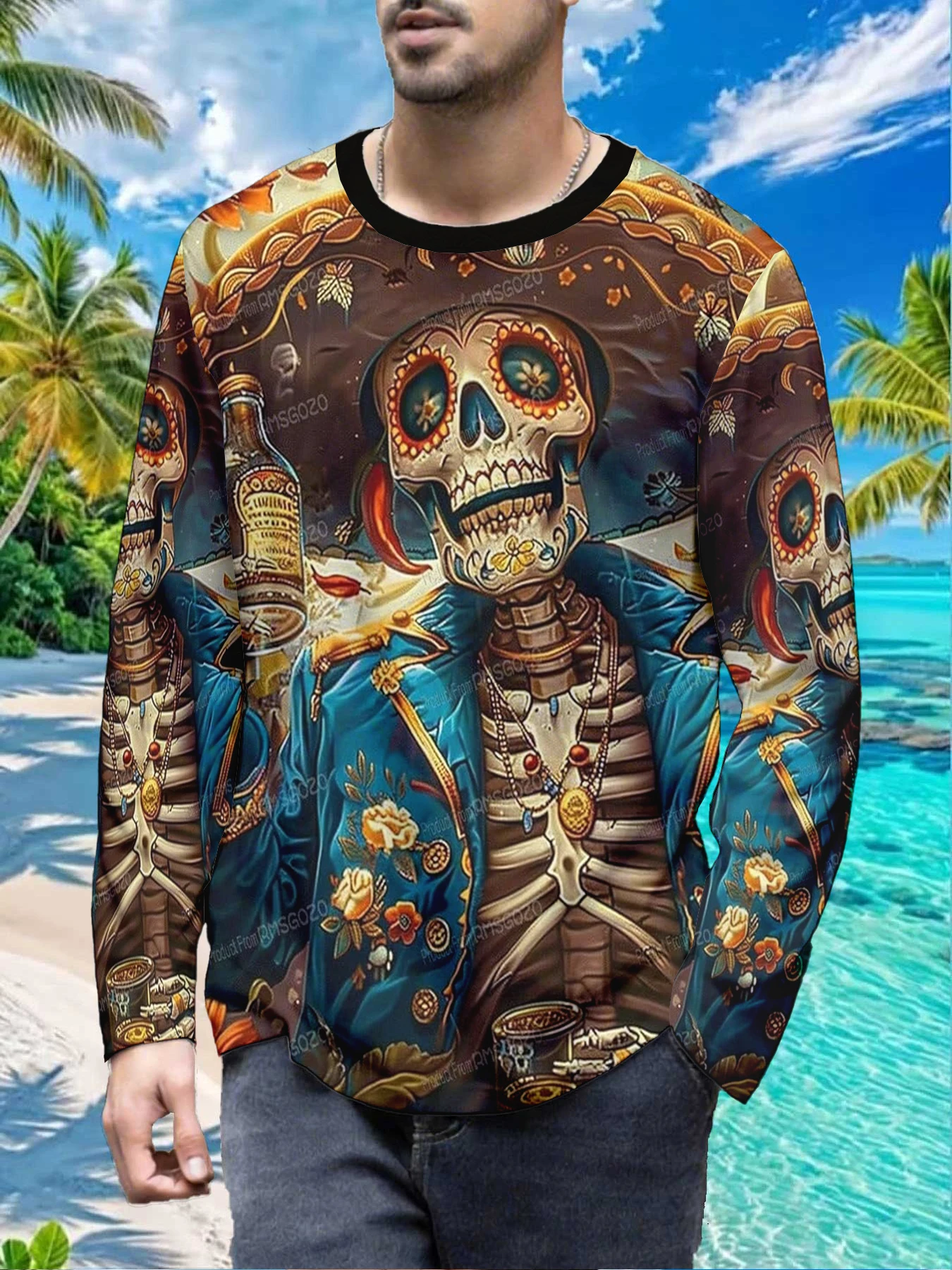 Day Of The Dead Skull Sombrero Marigold Mens Polyester Long Sleeve T Shirt Sugar Skeleton Print Graphic Tee Casual Streetwear So