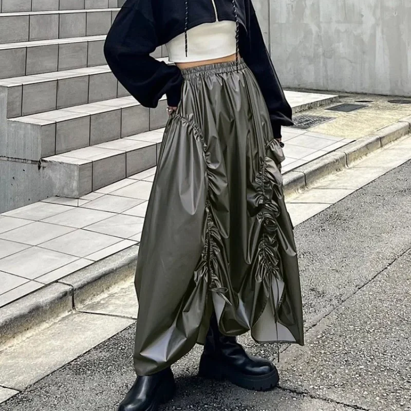 Trendix Pleated Patchwork Long Skirts For Women's 2024 Winter Loose Fashion Street Casual Skirt Femme Solid Vintage Skirt Women