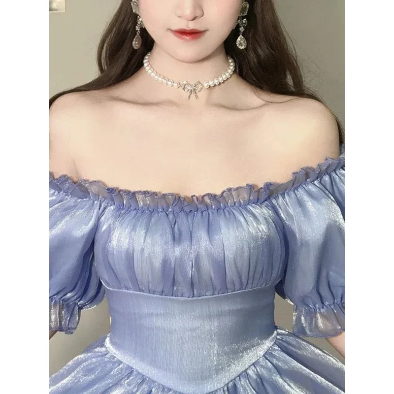 여름 세련된 블루 요정 드레스 여성 프랑스 빈티지 퍼프 슬리브 달콤한 공주 드레스 여성 우아한 저녁 파티 미디 베스 티드