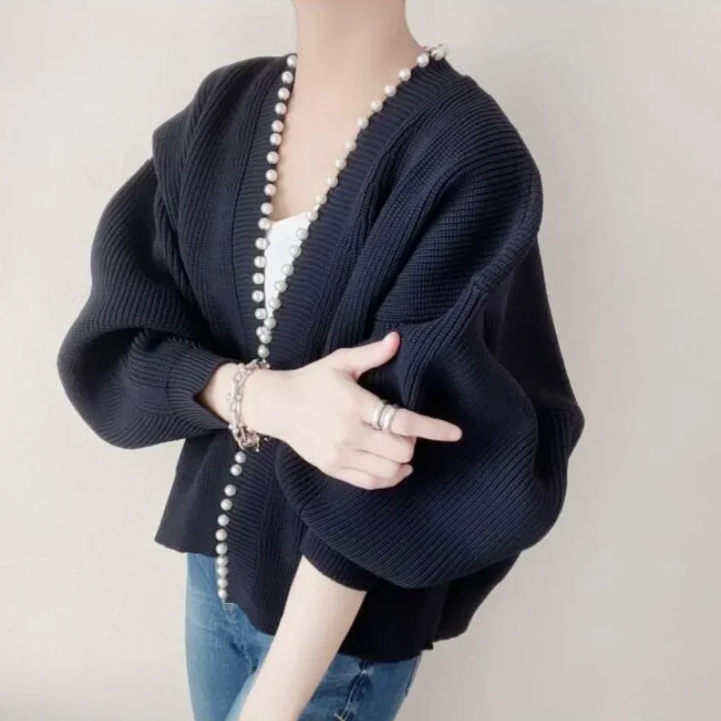 V Neck Long Sleeve Cardigan Femme Chic Exquisite Pearl Patchwork Sweaters Spring Winter Clothes Women Japanese Elegant Coats