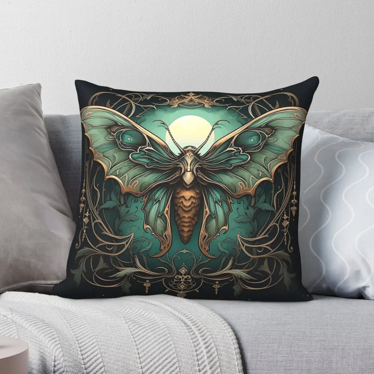 Emerald Hue Moth Square Pillowcase Polyester Linen Velvet Creative Zip Decorative Sofa Cushion Cover