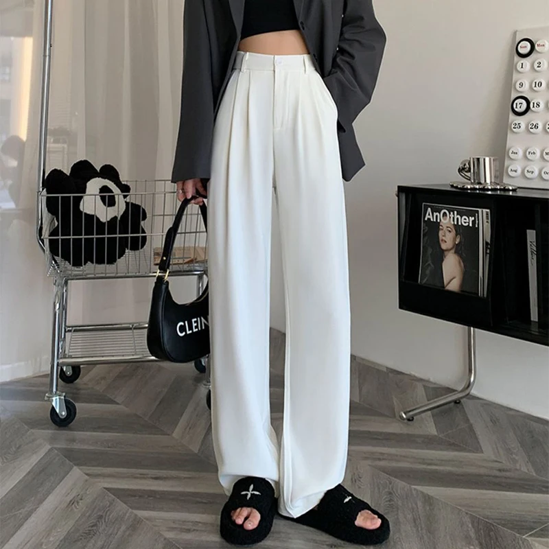 

Gidyq White High Waist Wide Leg Pant Women Korean Fashion Loose All Match Suit Trousers Ladies Summer Thin Solid Pants New