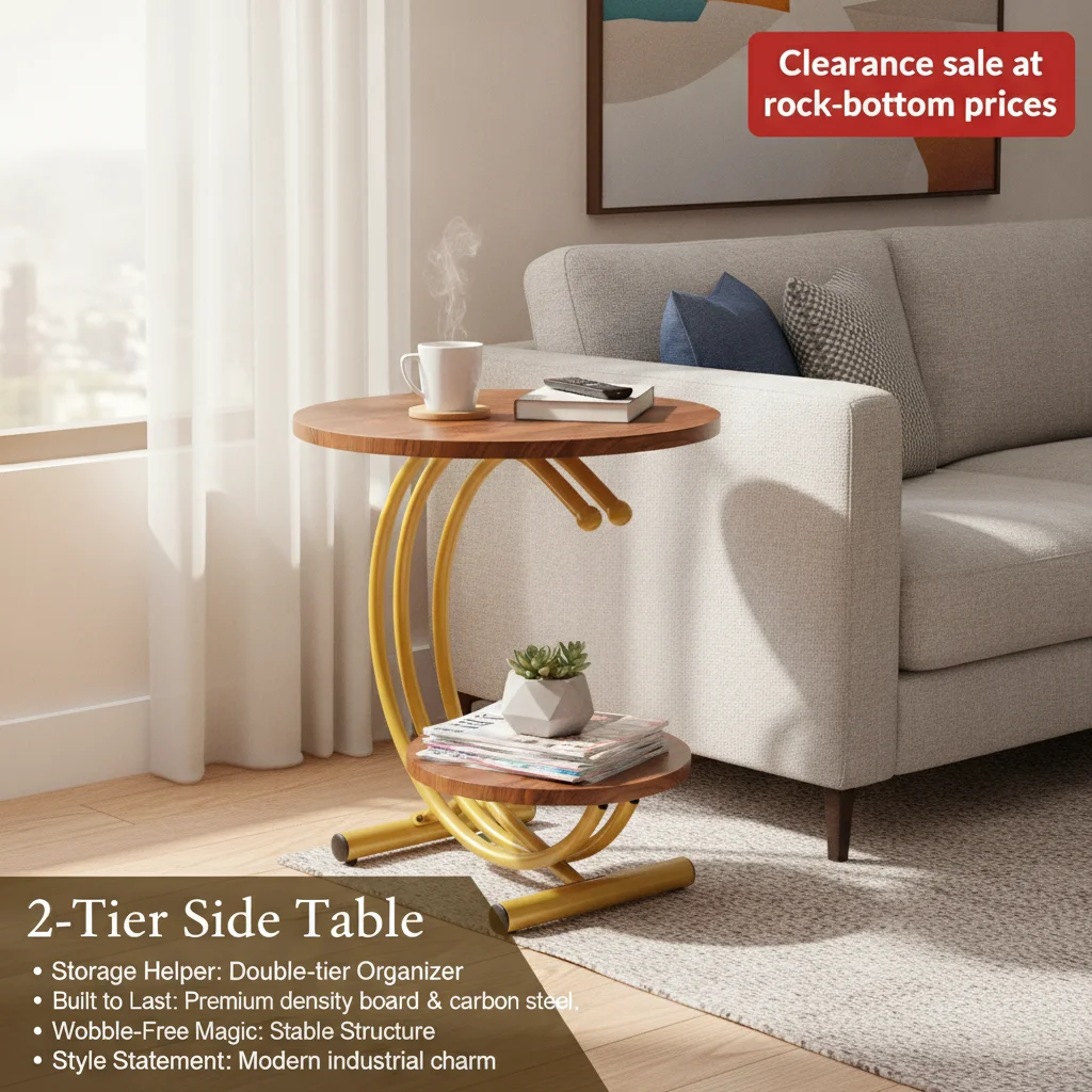 Clearance Sale 2-Tier Round End Table 55x55x60cm Gold Walnut with Storage Shelf Metal Frame Side Table with Hardware for Living Room Bedroom Office Home Decor