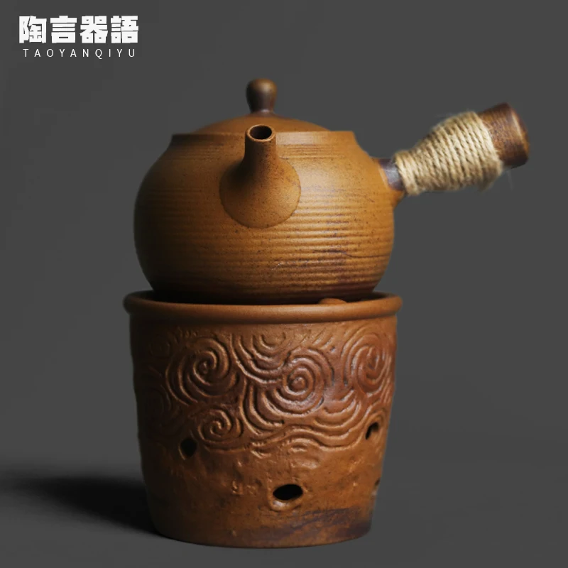 Gray Brown Sauce Glaze Vintage Rough Ceramic Side Handle Pot Warm Tea Set Large Alcohol Stove Chinese Zen Cooking Tea Pot