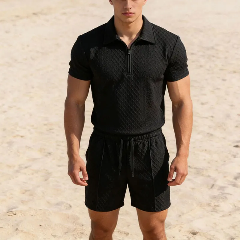 

Мужской модный и универсальный повседневный комплект из рубашки с воротником-поло и шорт на шнурке, текстурированный, с короткими рукавами, из двух предметов