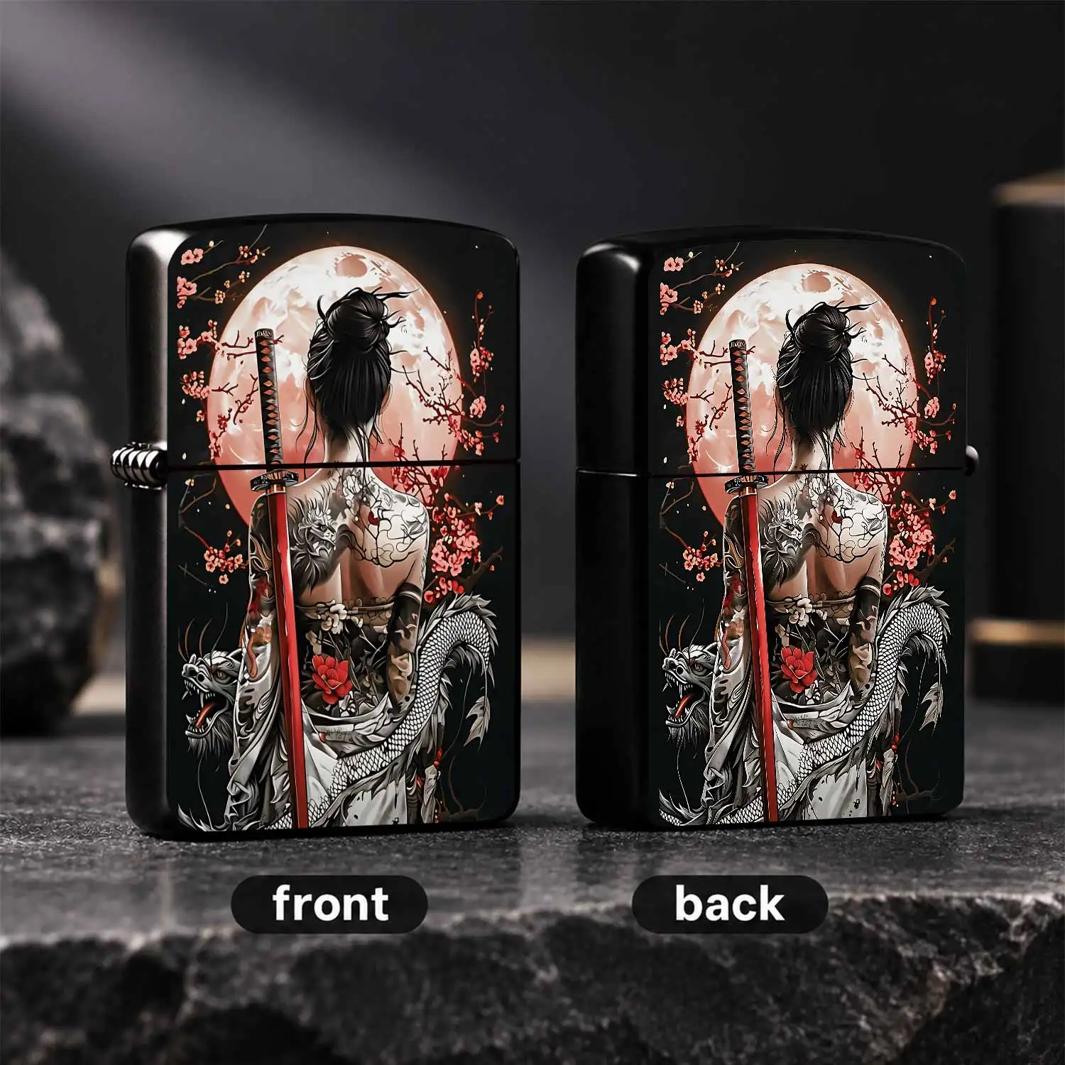 Japanese Style Samurai Geisha Lighter With Blood Full Moon Cherry Blossom Dragon Tattoo Pattern, Vintage Aesthetic Decorative Lighter For Daily Outdoor Use, Exquisite Themed Present For Collectors Family Friends On Holi A Humorous And Inter