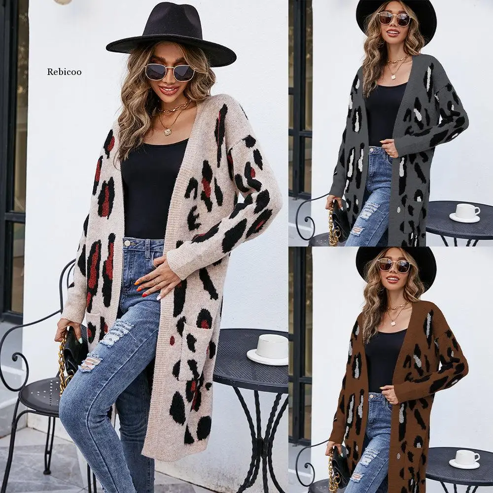 New Leopard Print Knitted Cardigan Women's Knee Length Loose Oversized Seahorse Wool Casual Fashion Sweater Coat