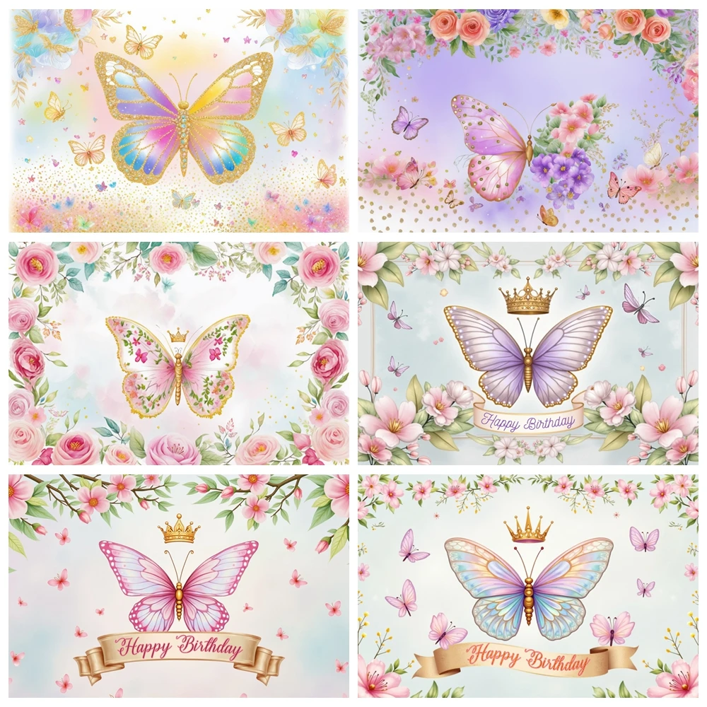 MOON.QG Butterfly Birthday Decorations Banner Poster Backdrop Spring Hanging Flowers Background Garland Sign Baby Shower Decor