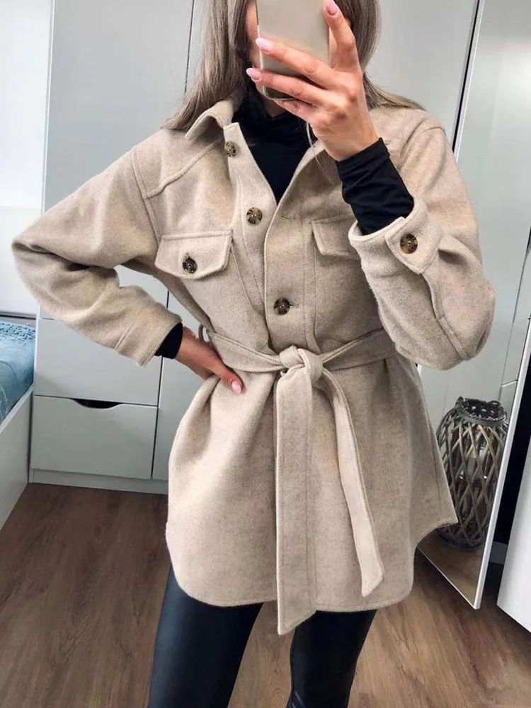 

ZACK RAIN Vintage Woman Loose Sashes Woolen Coats 2022 Female Autumn Soft TurnDown Collar Outwear Ladies Elegant Pockets Jackets