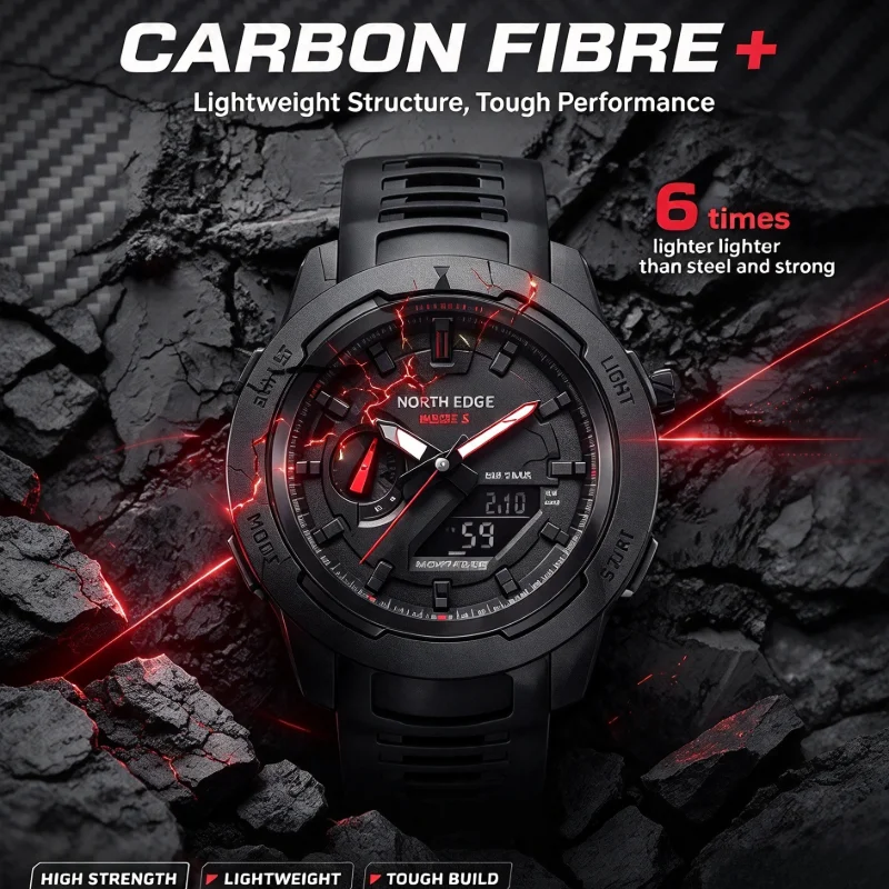 NORTH EDGE Carbon Fiber Case Men Watch MARS3 Stopwatch World Time Electronic Watch For Men With BOX Waterproof Quartz Wristwatch