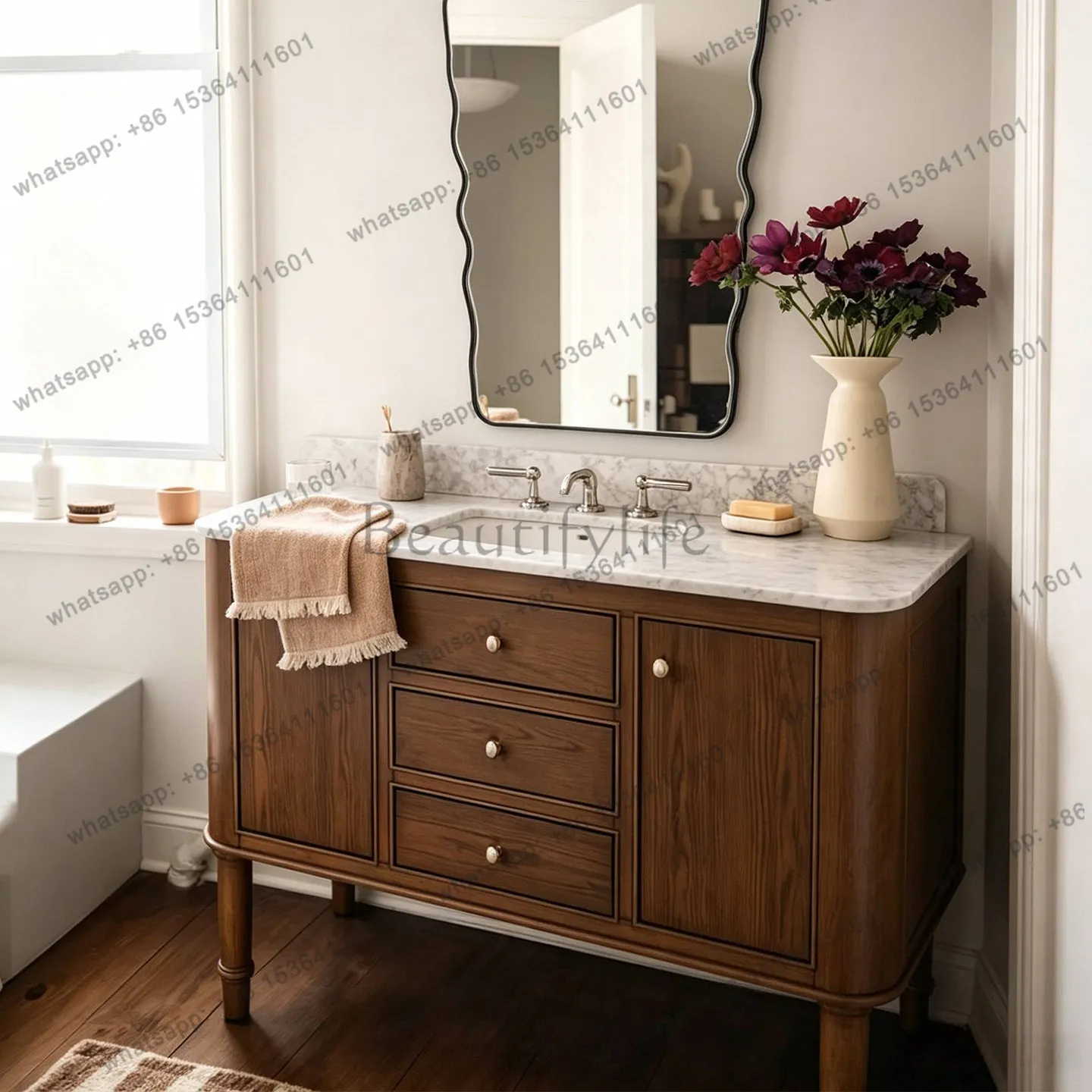Hotel vintage-style bathroom cabinet with natural marble under the basin, floor-standing washbasin, vintage bathroom fixture
