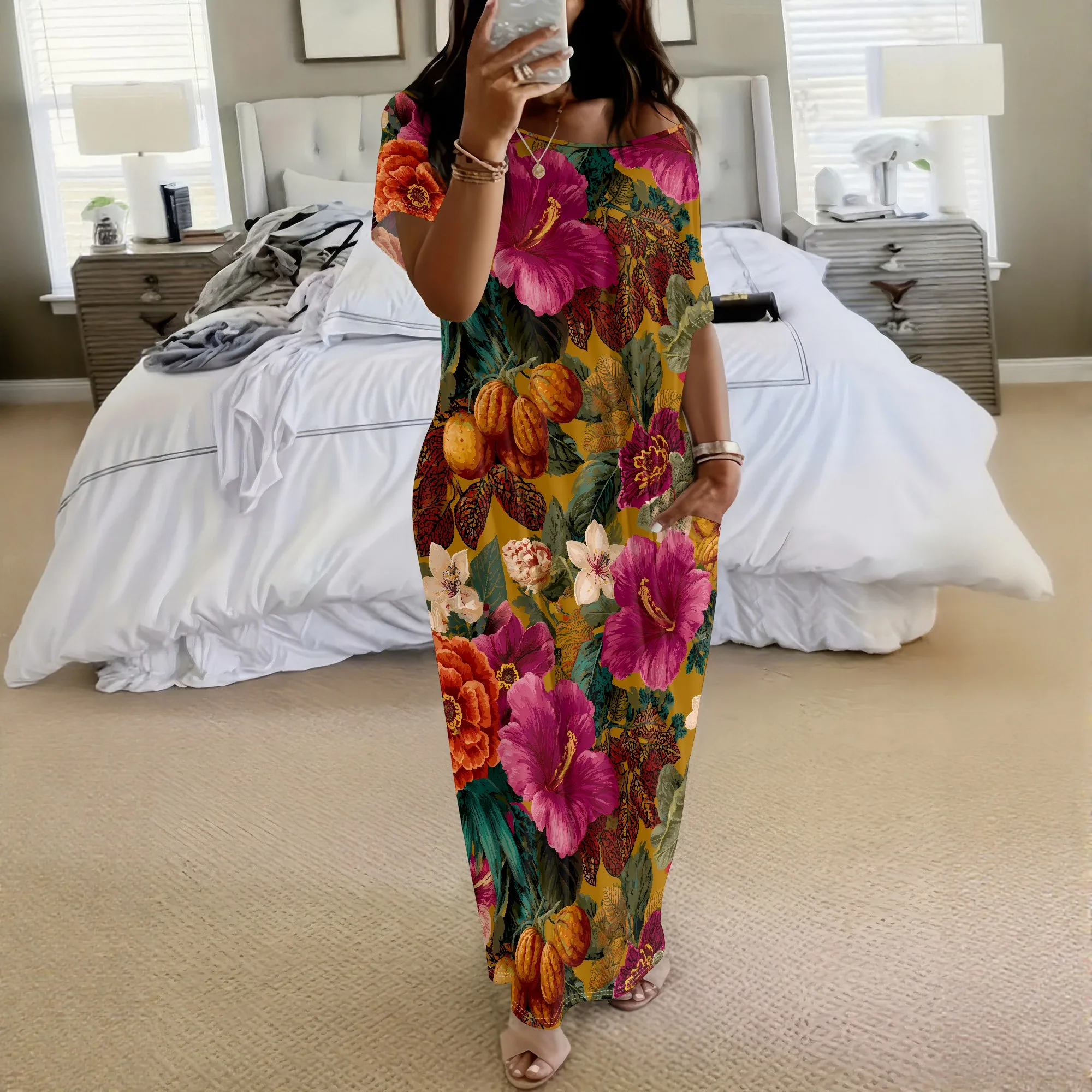 Vibrant Floral Print Maxi Dress Tropical Hibiscus Pattern Loose Fit Short Sleeve Summer Dress with Pockets Vacation Beach Wear