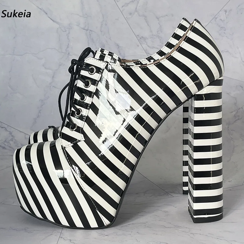 Sukeia – escarpins à plateforme faits à la main pour femmes, talons hauts épais, bout rond, belles chaussures de soirée rayées noires, grande taille US 5-20