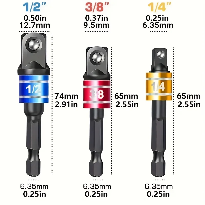 3pcs Impact grade socket wrench Adapter Expansion Kit hex shank, square head, extension drill, rod power tools - multiple colors