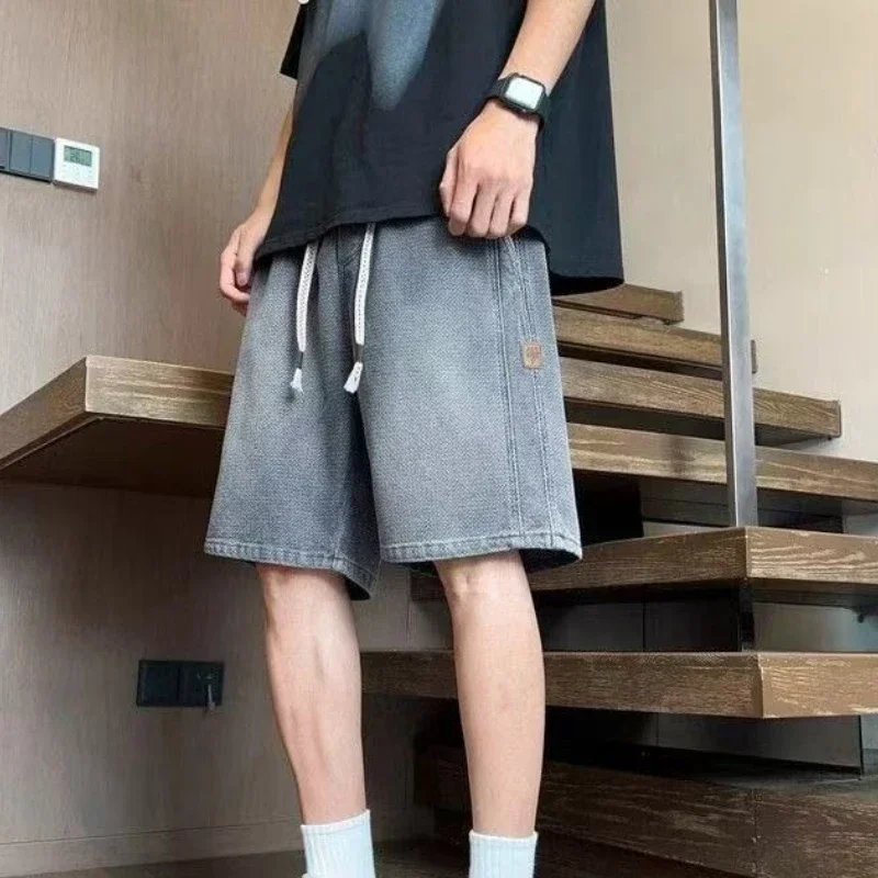 

Men's Short Jeans Pants Baggy Male Denim Shorts Long Wide Half Bermuda Loose Drawstring Thin Blue Popular Retro Summer Cut Jorts