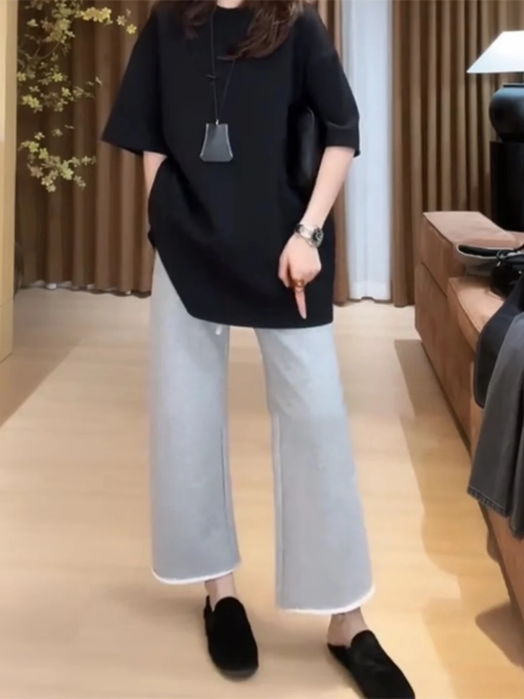 Laid-back Style Nine-inch Cuffed Casual Pants Women plus Size Summer Loose Slimming Straight Leg Trousers Korean High Waist E...