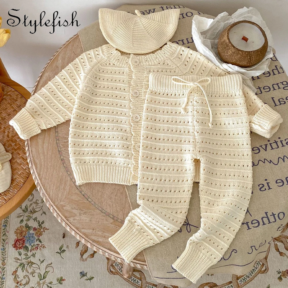 Spring and Autumn Clothing Net Red Baby Children's Boys and Girls' Cotton Hollow Knitted Coat+Knitted Pants 2-piece Set