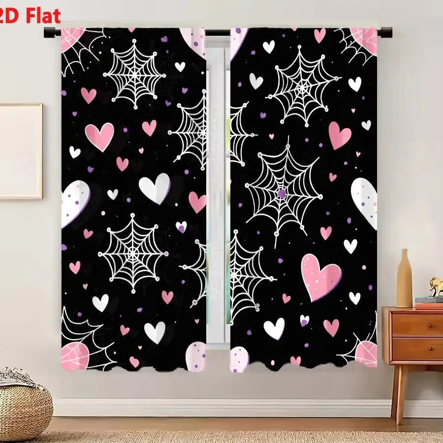 2Pcs Curtains 2D Flat Black Background With Repeating White Spider Webs Pink Purple Hearts & Decorative Elements Playful Whimsic