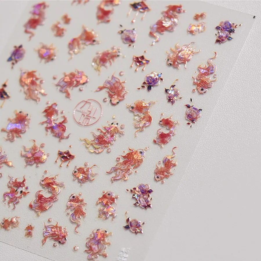 1pcs 5D Embossed Glitter Fish Nail Art Kawaii Stickers Pink Yellow Red Self-adhesive Transfer Nail Decorations Slider Decals DIY
