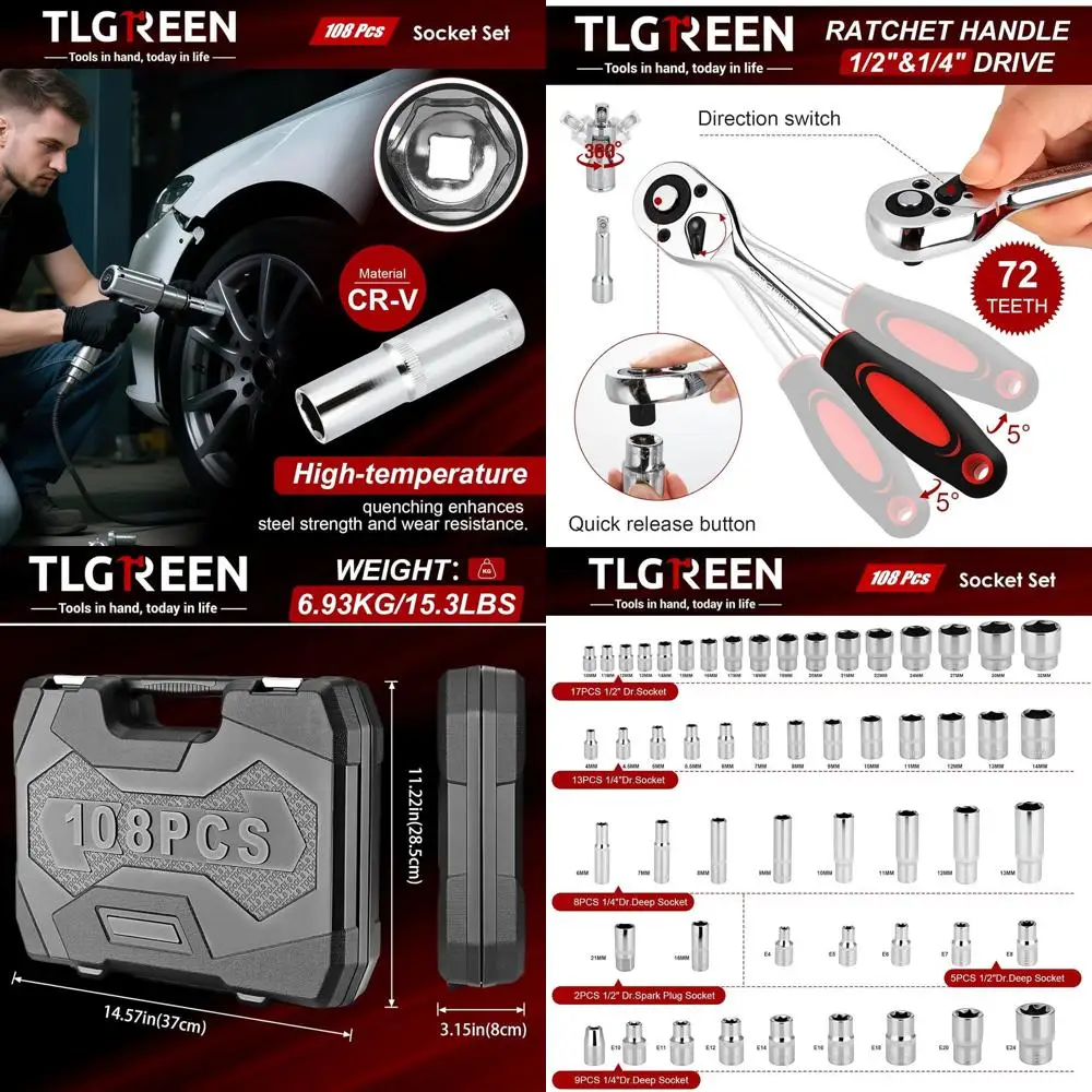 

108 Pcs Mechanic Socket Tool Kit,CR-V Steel Metric And Standard 1/4" & 1/2" Ratchet set,Universal Joint,Extension Bars,Adapter,Q