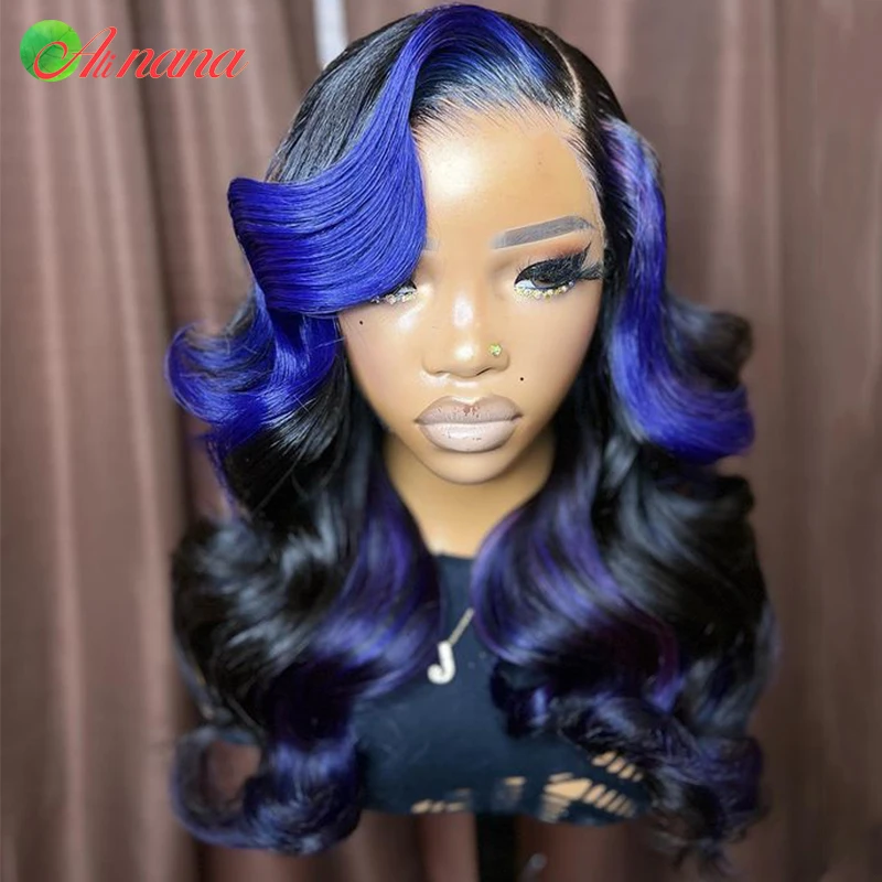Peluca frontal de encaje 13x6 para mujeres negras, cabello humano ondulado con reflejos ombré, color azul real, prearrancado con pelo de bebé, Remy