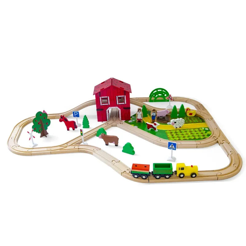 [Funny] Wooden DIY assembly simulation animal farm Rail train model cars building blocks education toys baby best birthday gift