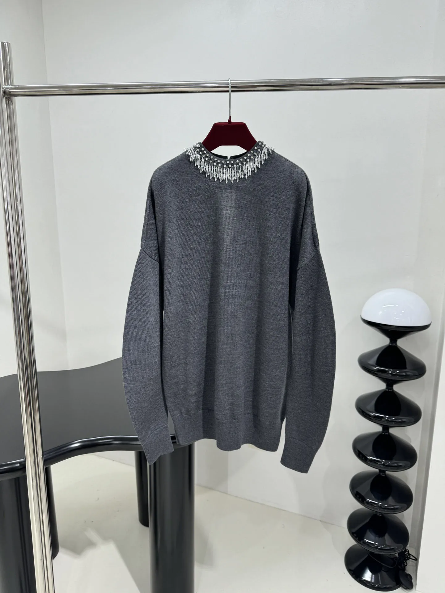 2025 Winter New Women's Clothing Grey crystal rhinestone wool knitted sweater 1223