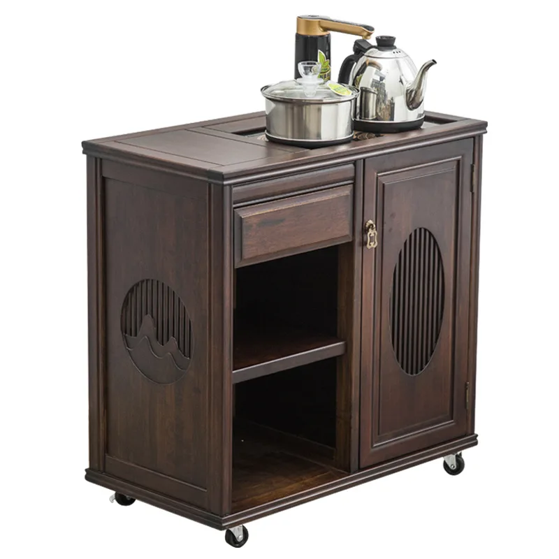 Mobile tea table household tea making solid wood balcony coffee table kettle integrated cabinet