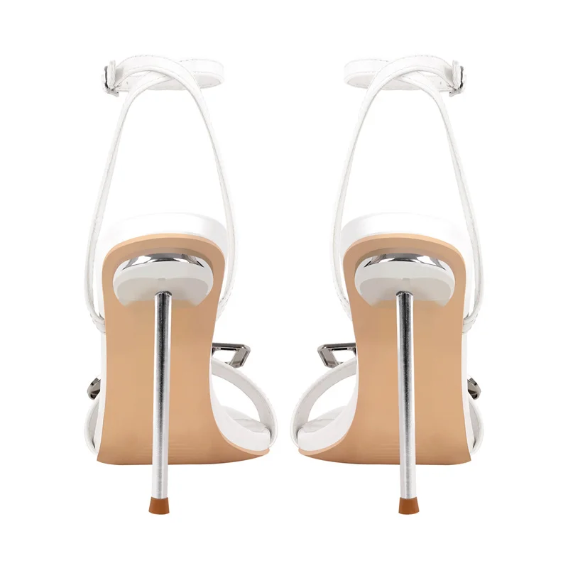 Onlymaker Women White Open Toe Stiletto Sandals Metal Heels Buckle Sandals