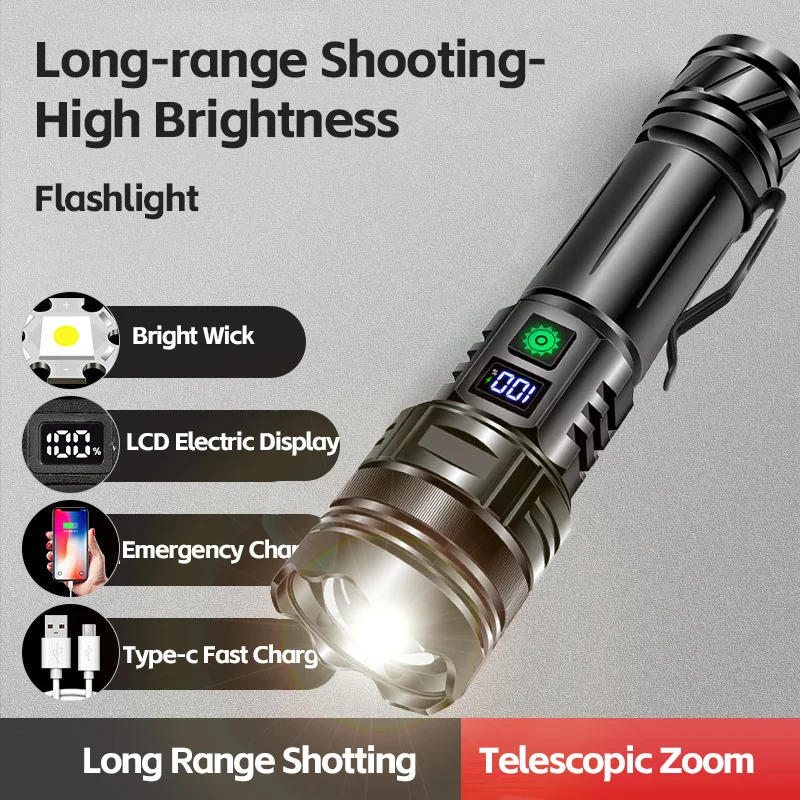 

High Power LED Flashlight USB Rechargeable Powerful Strong Light Lantern Portable Tactical Pen Holder Torch For Outdoor Camping