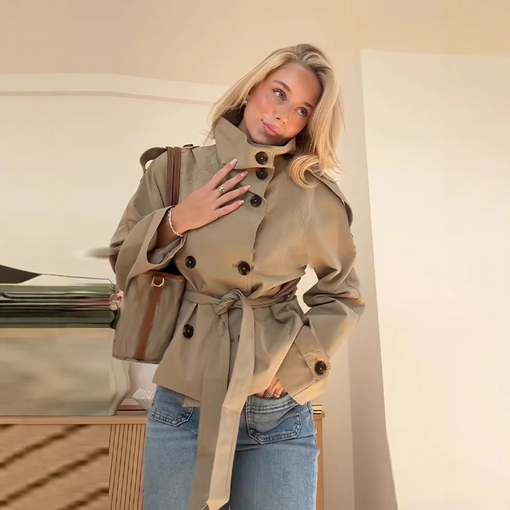 Stand Collar Cropped Trench Coat For Women Epaulet Detail Double Breasted Waist Belt Long Sleeve Pocket Casual Outerwear