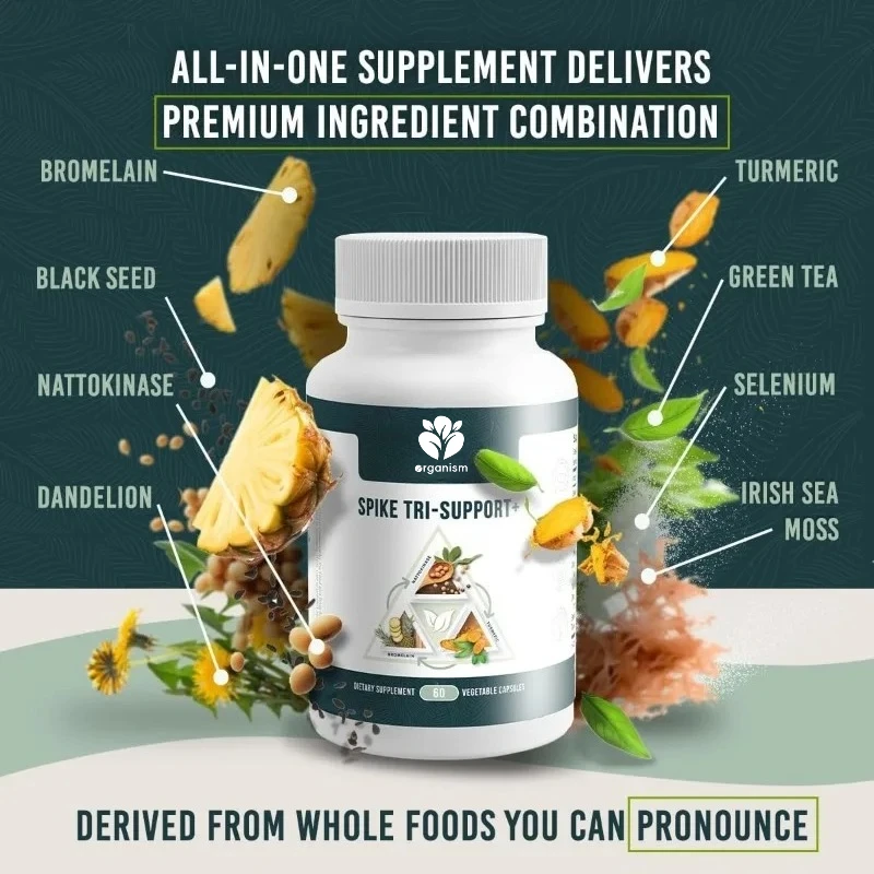 Spike Tri Support+ capsule contains nattokinase, bromelain, turmeric, dandelion, black seed oil, green tea leaves, selenium