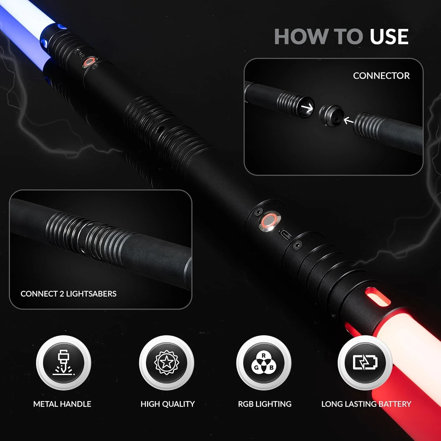 RGB Dueling Lightsaber، مقبض معدني، 15 لونًا، 4 أوضاع، 6 أصوات، قابلة لإعادة الشحن عبر USB - للأطفال والكبار