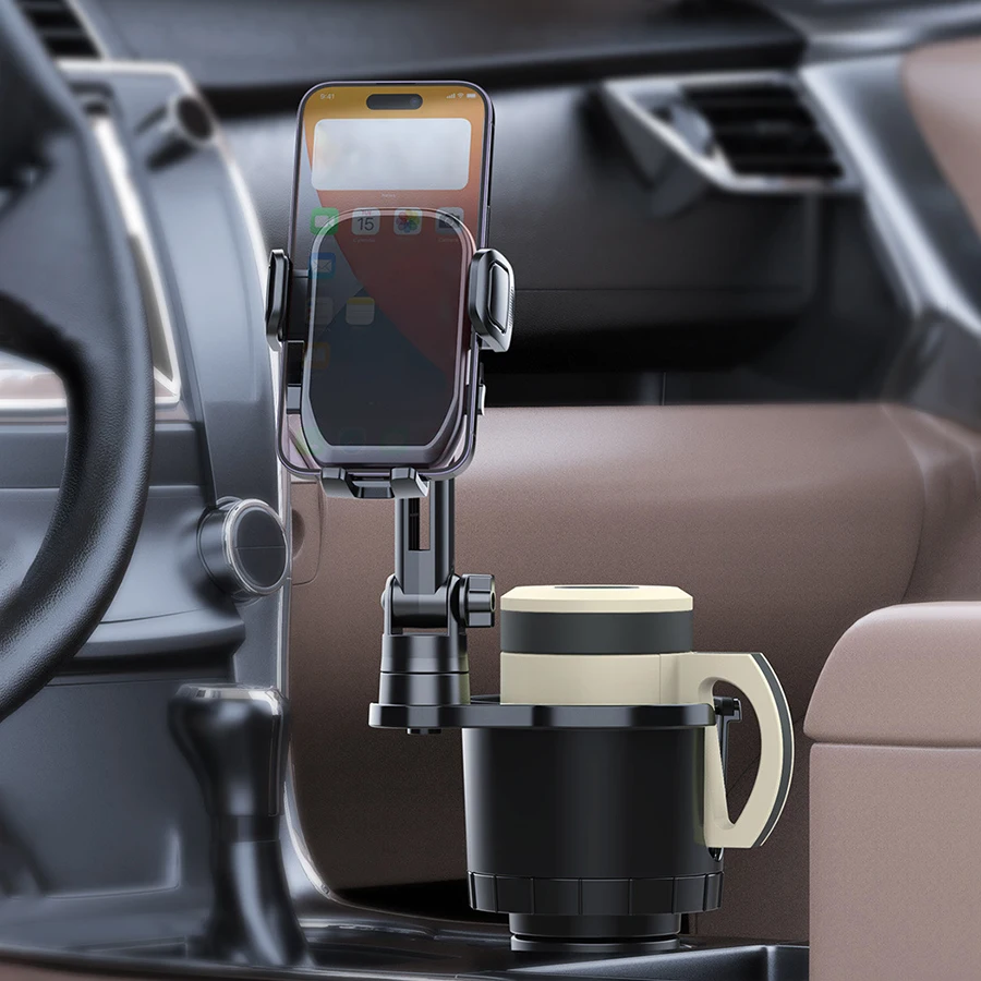 Upgraded 2in1 Car Cup Holder With Phone Mount , Adjustable Base Expander Cup Stand
