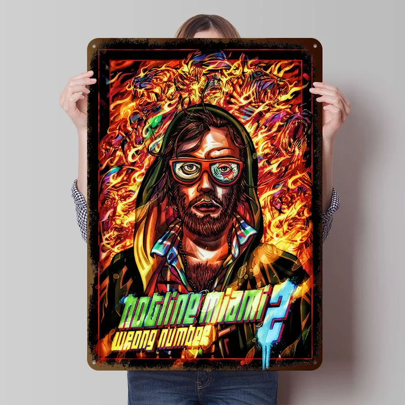 Hotline Miami 2: Wrong Number Artwork Tinplate Poster Custom Wall Art Vintage Metal Signs Retro Tin Plaque for Desk Decor Room