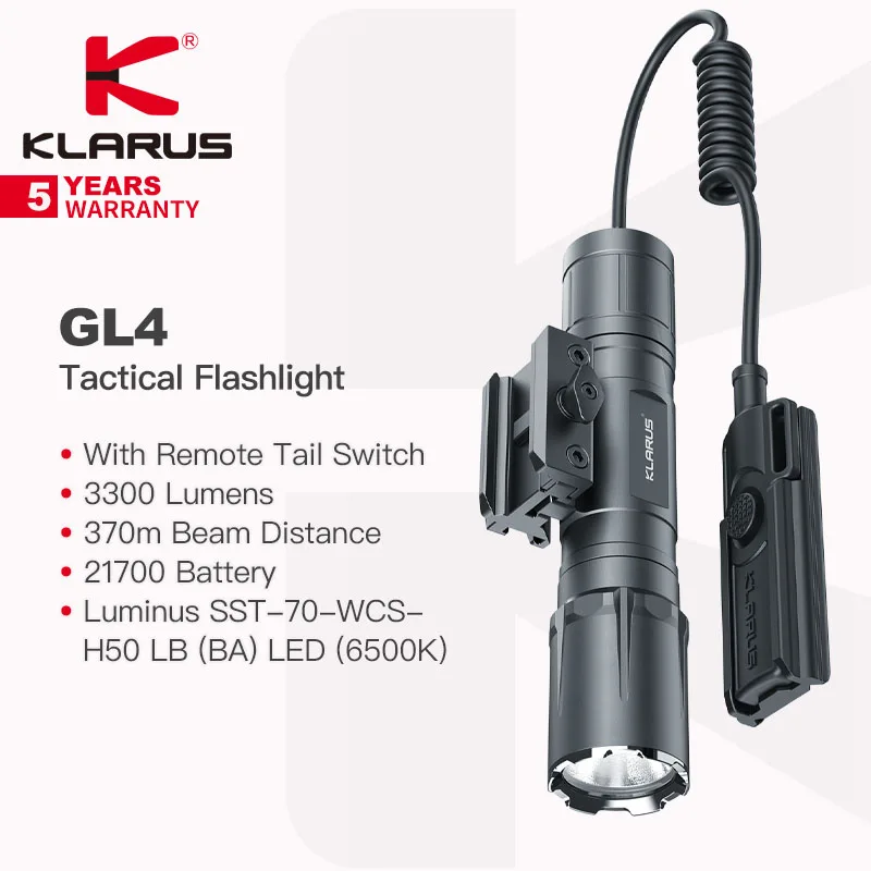 Klarus GL4 Rail/torcia tattica con interruttore a coda remota, 3300 lumen 370m di distanza, 21700 batteria, doppia impostazione, caccia