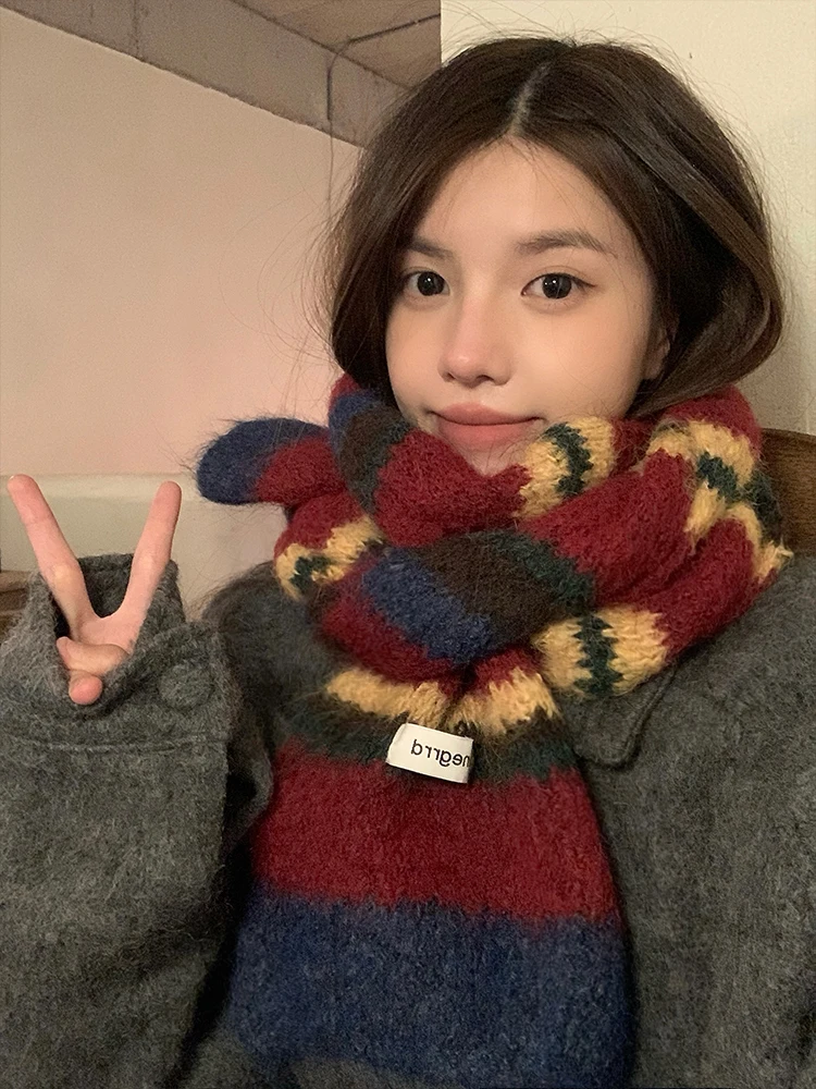 Thickened Woolen Knitted Scarf Women's Soft Winter Scarf Stripe Pattern Couple Atmosphere Sensation Long Rectangle Shape Scarf