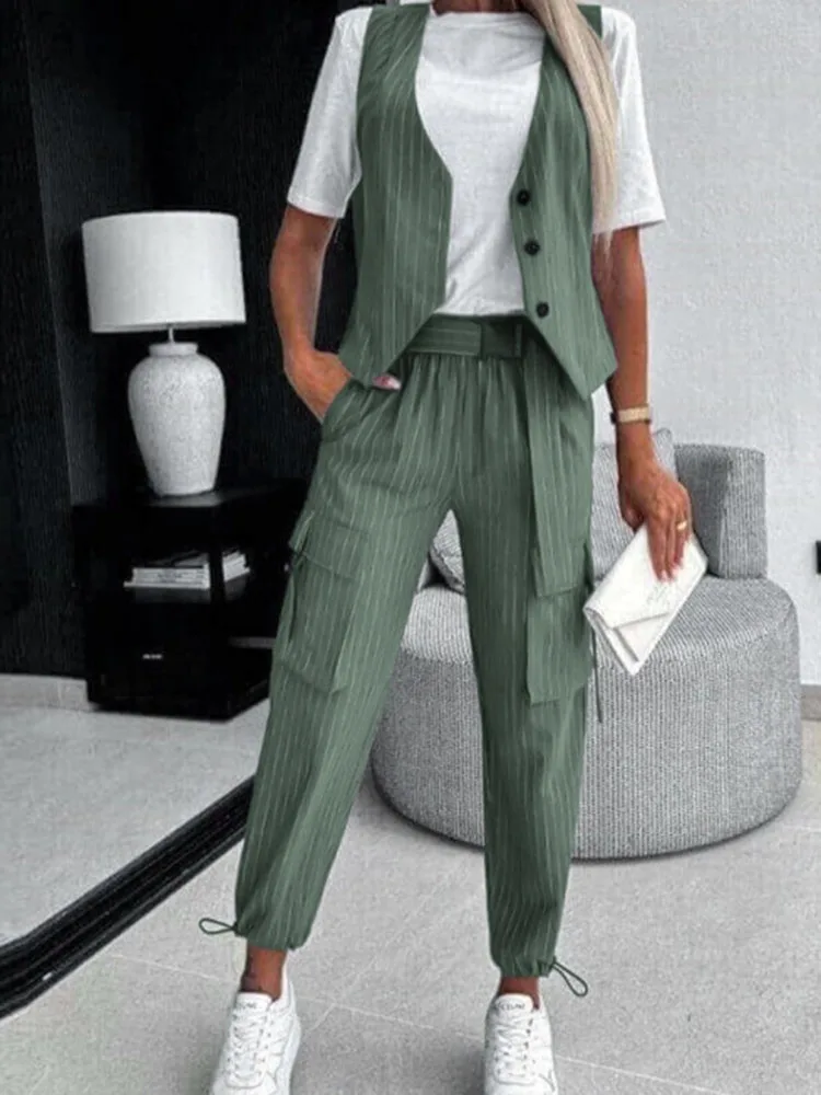 White Striped Vest Suit For Women Summer Casual V-neck Button Top Pocket Loose Pants Outfits Two-piece Suit For Women Elegant