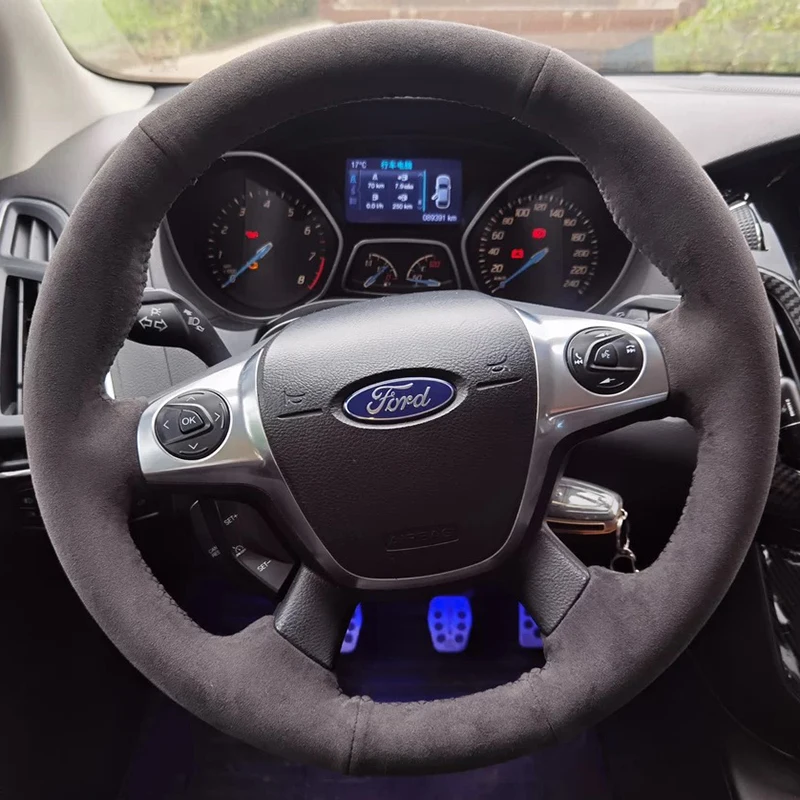 Car Steering Wheel Cover for Ford Focus 3 2012-2014 C-MAX 2011-2014 KUGA Escape 2013-2016 Hand-sewn Sewing Suede Braid