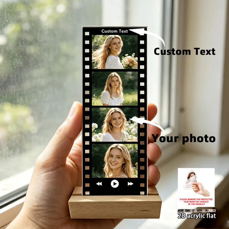 Personalized Film Strip Photo Acrylic Stand With Wood Base, Custom 4 Pictures & Text Desk Ornament, Unique Memory Keepsake Gift - view 5