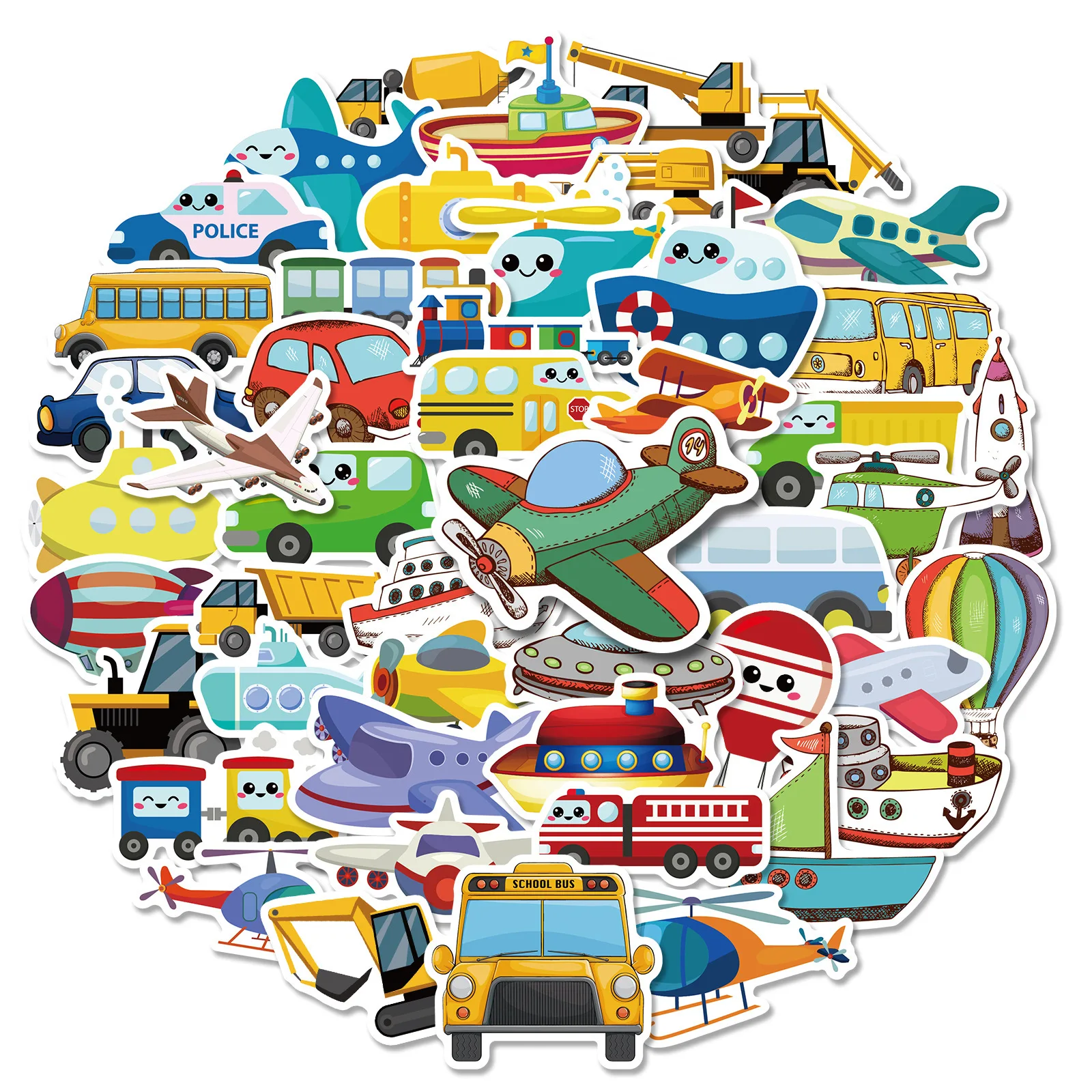 10/30/50PCS Cartoon Vehicle Stickers Kawaii Hot Air Balloon Puzzle DIY Kid Toys Car Plane Ship Laptop Decals Graffiti Sticker F5