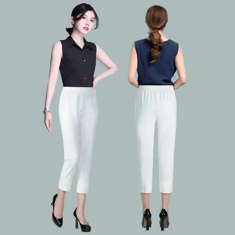 2025 Summer Women Pants Casual High Waist Solid Color Calf-Length Capris Pants Korean Fashion Women's Breeches 3XL