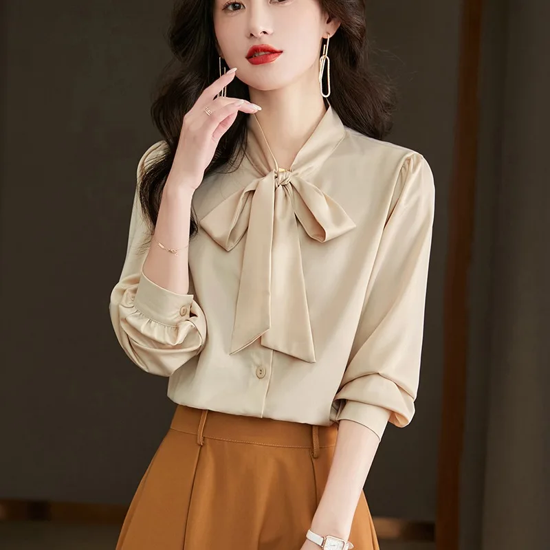 

Vintage Women's Blouses Solid Color Shirts Fashion Loose Summer Korean Clothing Long Sleeved Bow Chiffon Women Tops