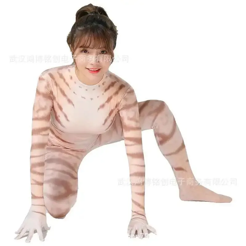 Pakaian Cosplay Halloween Ketat Wanita Pola Hewan Kucing Cetak Tiga Dimensi 3D Transparan, Seksi, Klub Malam Ir;l5